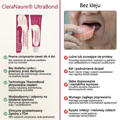 🔥CleraNaure® UltraBond Premium Klej do protez dentystycznych 🔥 Klinicznie udowodniona przyczepność na 4 dni dla bezpiecznego, komfortowego i bezpiecznego klejenia protez bez cynku 🦷